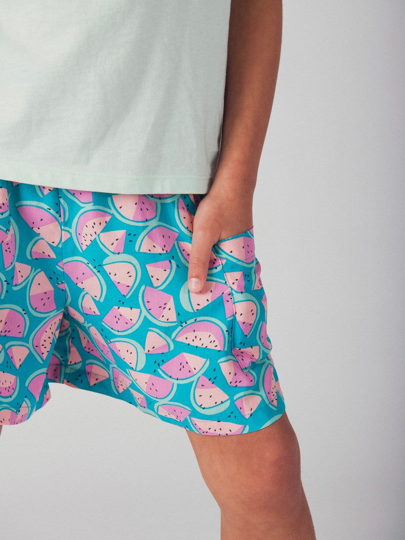 Short bleu imprimé pastèques pour fille