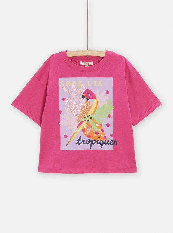T-shirt fuchsia animation tropical paillette pour fille TAJOTI5 / 24S901C2TMC304