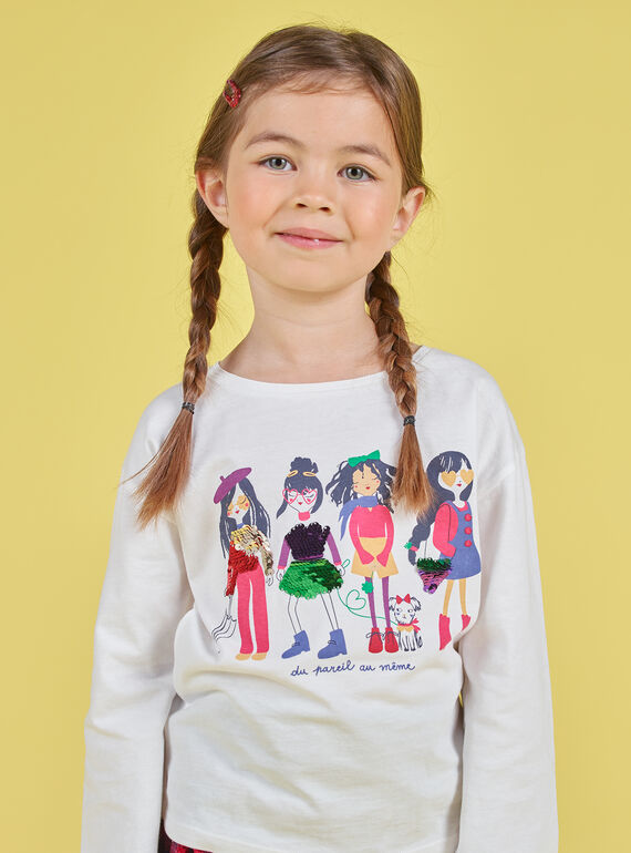 T-shirt manches bouffantes écru imprimé à sequins réversibles enfant fille MAMIXTEE4 / 21W901J5TML001