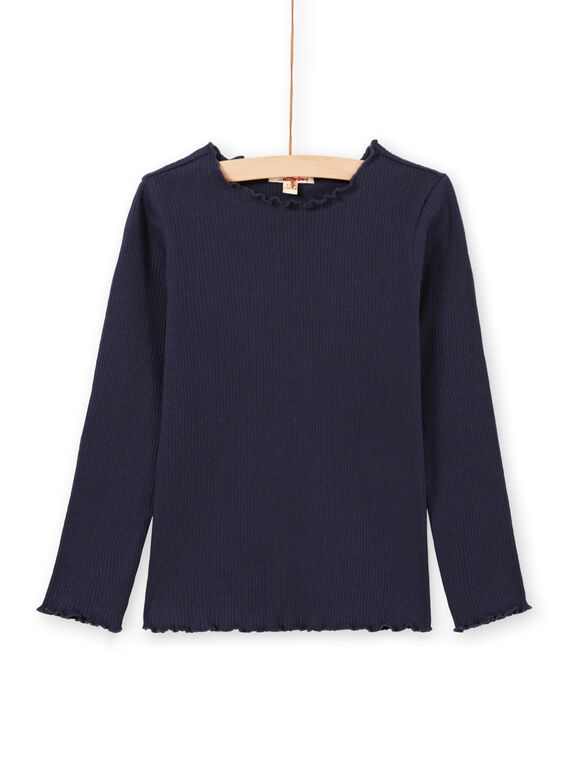 T-shirt côtelé manches longues uni bleu nuit enfant fille MAJOUTEE2 / 21W90122TMLC205