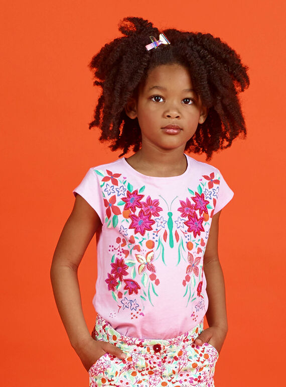 T-shirt manches courtes, fleurs imprimé, brodées et perlées LAVITI1 / 21S901U2TMCH700