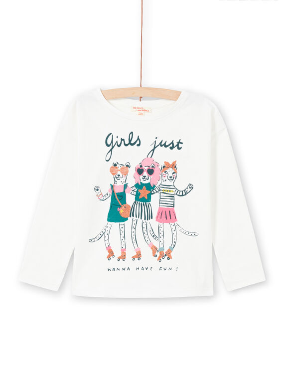 T-shirt manches longues écru à motifs animaux fantaisie enfant fille MAKATEE4 / 21W901I3TML001