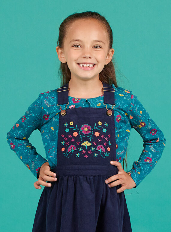 T-shirt manches longues bleu canard à imprimé fleuri enfant fille MATUTEE4 / 21W901K2TML714
