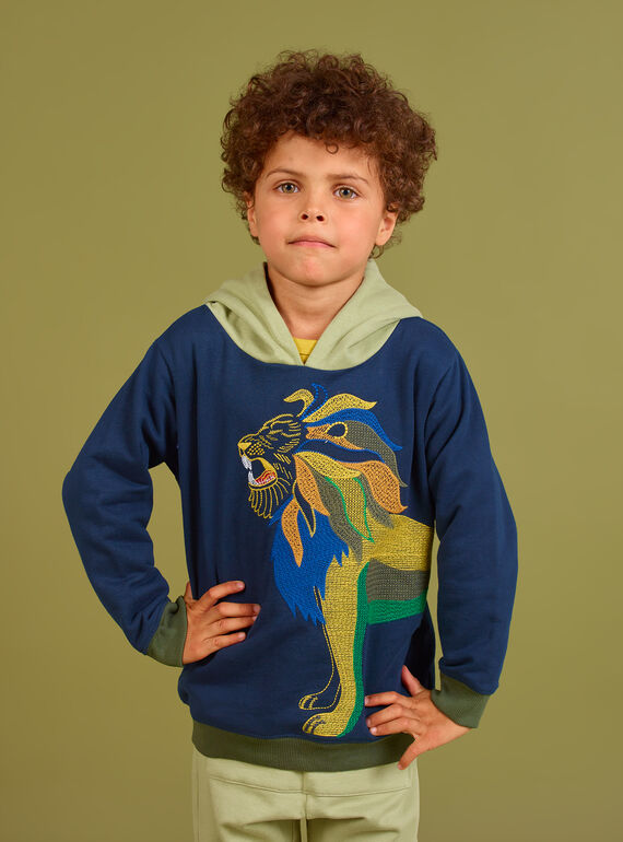 Sweat à capuche bleu nuit à motif lion enfant garçon MOKASWE / 21W902I1SWE705