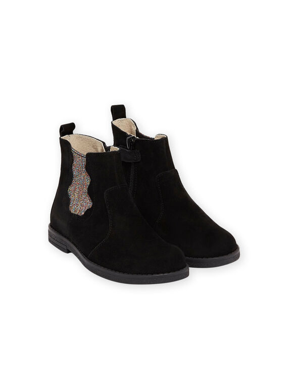 Boots noires en cuir détails paillettes enfant fille MABOOTMEL / 21XK3576D0D090