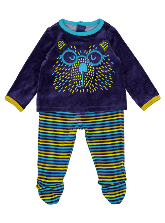 Pyjama bleu marine avec bas rayé en velours layette garçon GEGAPYJANI / 19WH14N1PYJ713