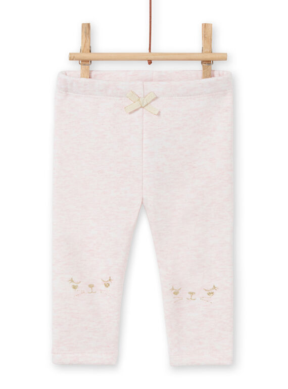 Legging doublé rose chiné à motifs lapins brodés bébé fille MIJOPANDOU3 / 21WG0912PAND314