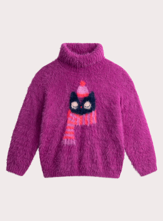 Pull violet en maille plume animation hibou pour fille VAKYPULL / 24W901S1PUL712