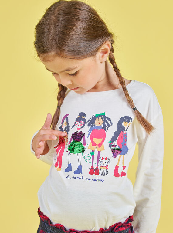 T-shirt manches bouffantes écru imprimé à sequins réversibles enfant fille MAMIXTEE4 / 21W901J5TML001