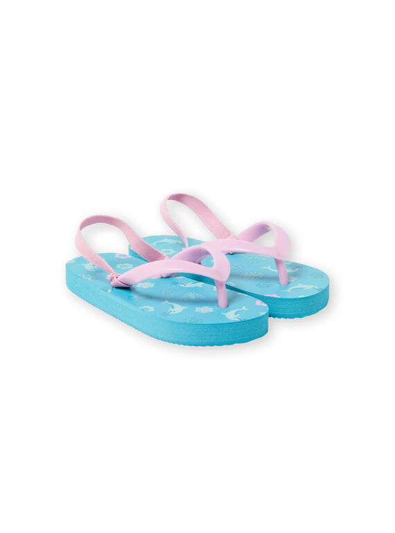 Tongs turquoise imprimé dauphin, fleur et feuille fille LFTONGMER / 21KK3564D01202