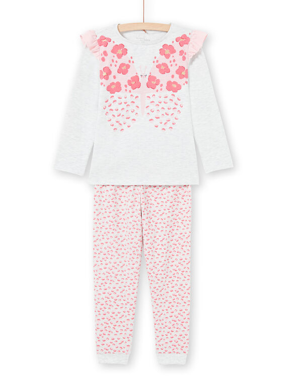 Ensemble pyjama T-shirt et pantalon écru chiné et rose enfant fille MEFAPYJFLY / 21WH1135PYJ006