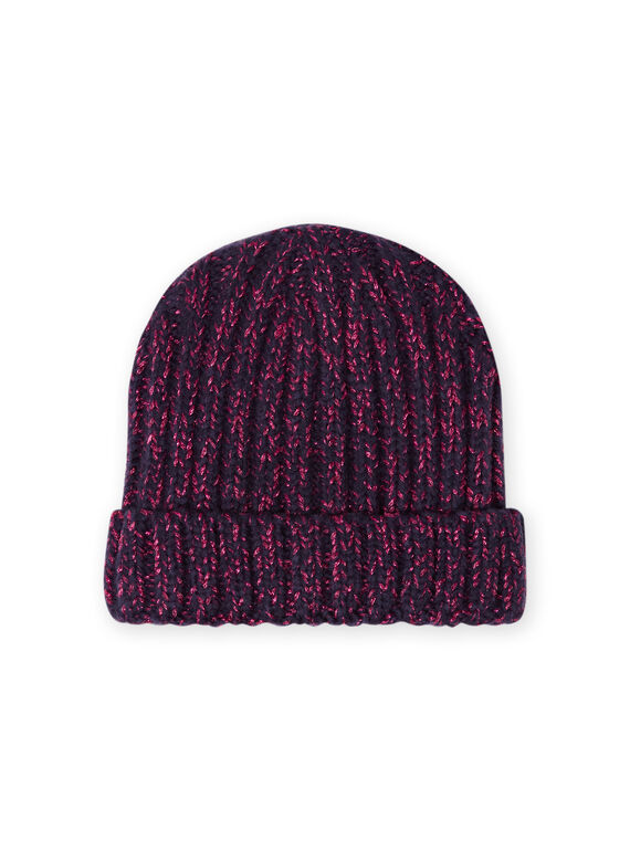 Bonnet bleu nuit et rose en maille chenille enfant fille MYATUBON / 21WI0156BONC205
