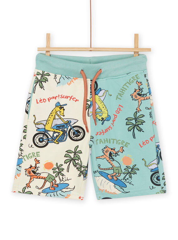 Bermuda de bain crème et turquoise à imprimé félins surfeurs ROEXOBER2 / 23S902V1BERA002