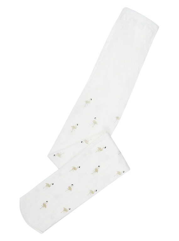 Collant fille en polyamide blanc avec imprimé flamands rose glitter JYAPOECOL / 20SI01G1COL000