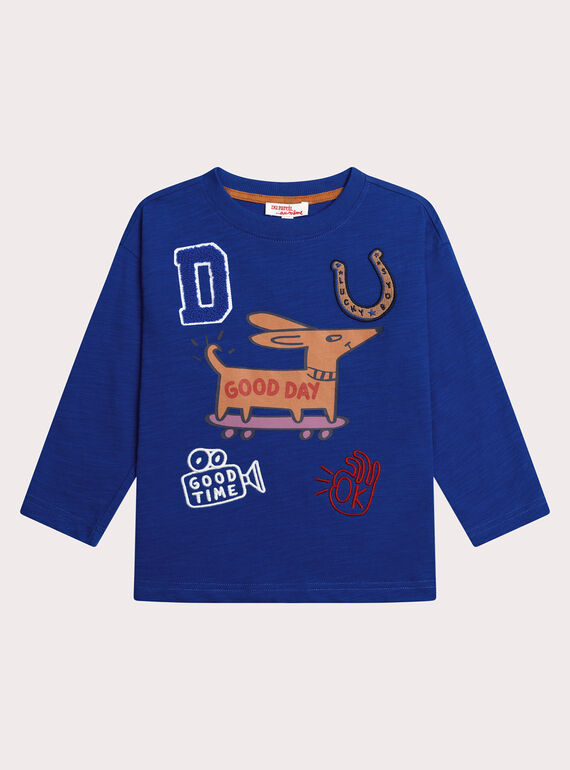T-shirt bleu foncé animation chien garçon XOBLUTEE3 / 25W902N2TMLC231