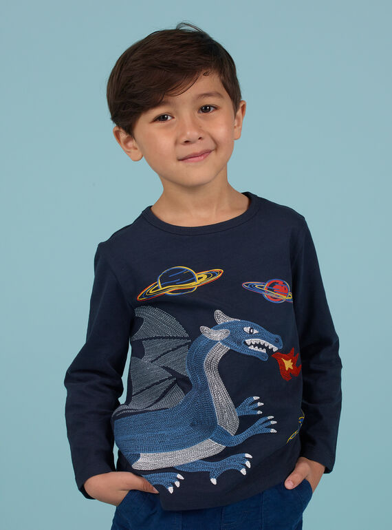 T-shirt bleu nuit motif dragon et espace enfant garçon MOPLATEE3 / 21W902O4TML705