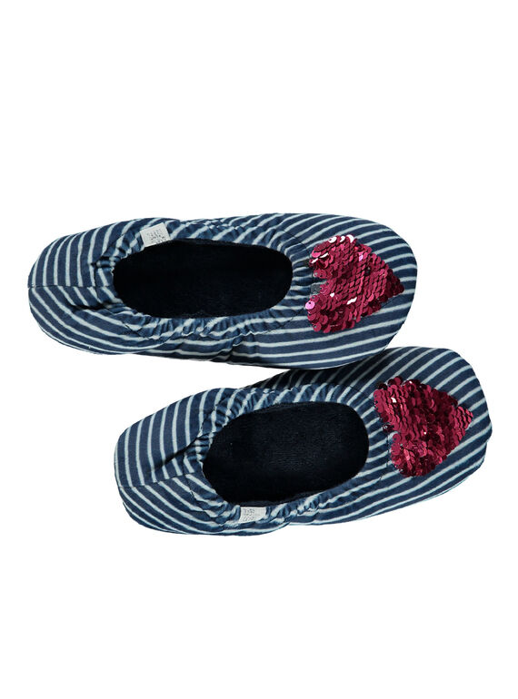Chausson élastiqué velours marine rayé avec sequins magiques enfant fille GFBALELA / 19WK35Z3D07070