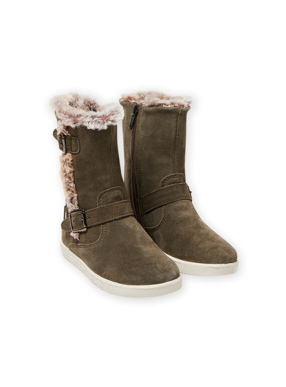 Bottes fourrées en suède vert kaki enfant fille MABOTTEKAKI / 21XK3585D10604