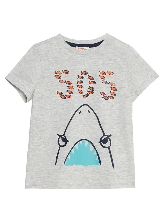 Tee shirt garçon manches courtes gris chiné imprimé requin JOJOTI11 / 20S902T5D31J920