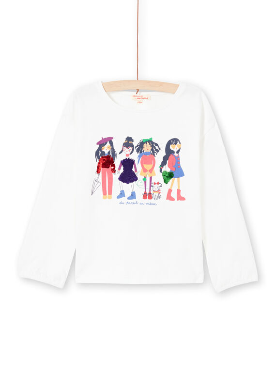 T-shirt manches bouffantes écru imprimé à sequins réversibles enfant fille MAMIXTEE4 / 21W901J5TML001
