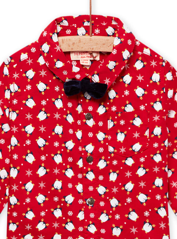 Chemise oxford rouge à imprimé pingouin, flcons et nud papillon bébé garçon MUNOCHEM / 21WG10Q2CHM050