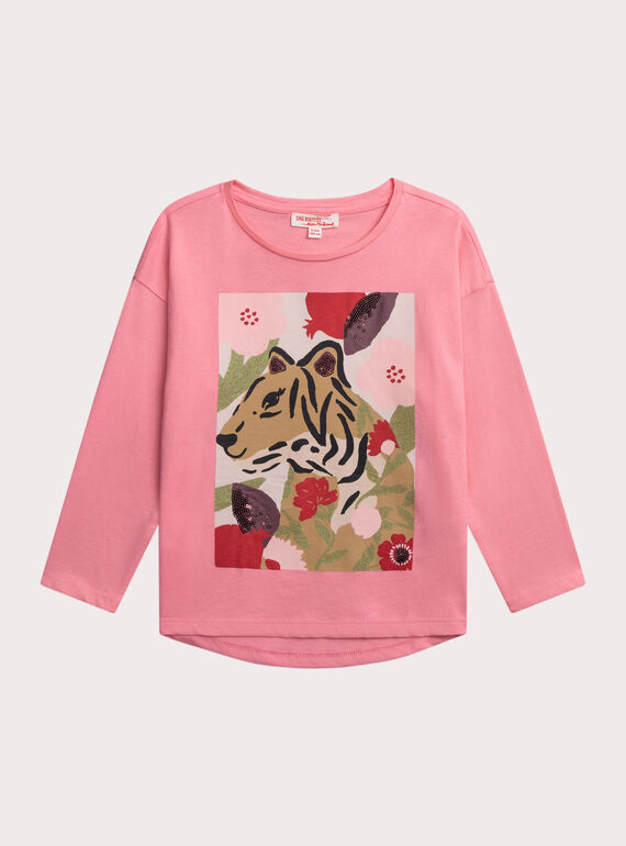 T-shirt manches longues rose animation affiche tigre XAJATEE1 / 25W901M3TMLD301