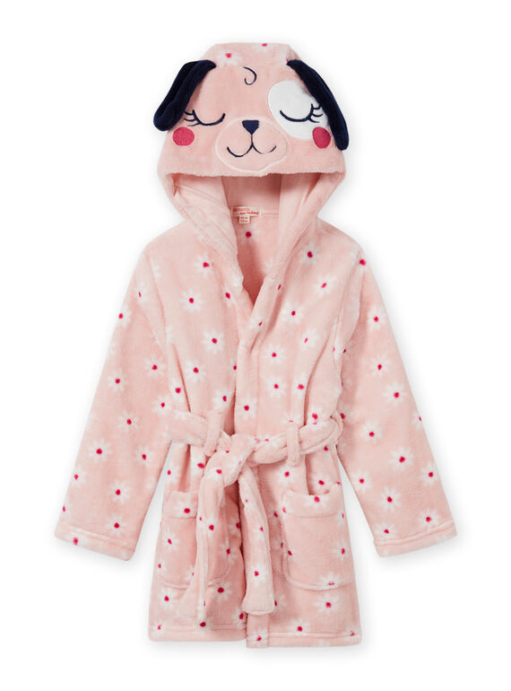 Peignoir rose imprimé fleuri et motif chien enfant fille MEFAROBDOG / 21WH1181RDC307