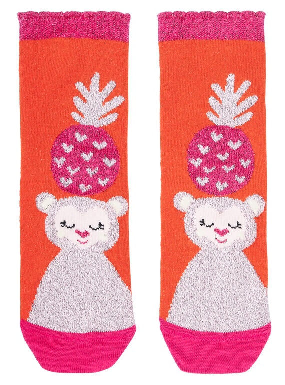 Chaussette fille orange avec motif singe et détails lurex JYAVICHO / 20SI01D1SOQ406