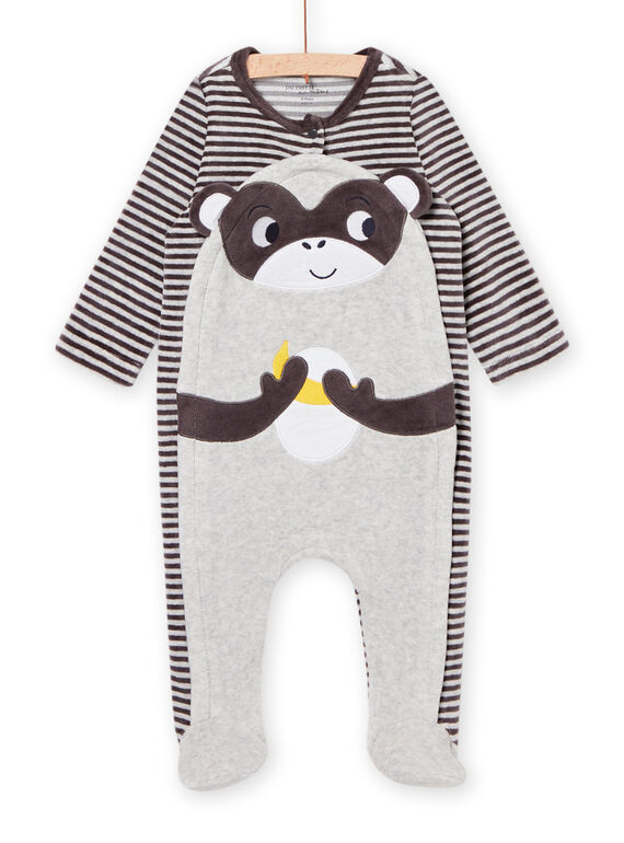 Grenouillère en velours gris chiné à rayures animation singe bébé garçon NEGAGRESIN / 22SH14G2GREJ920