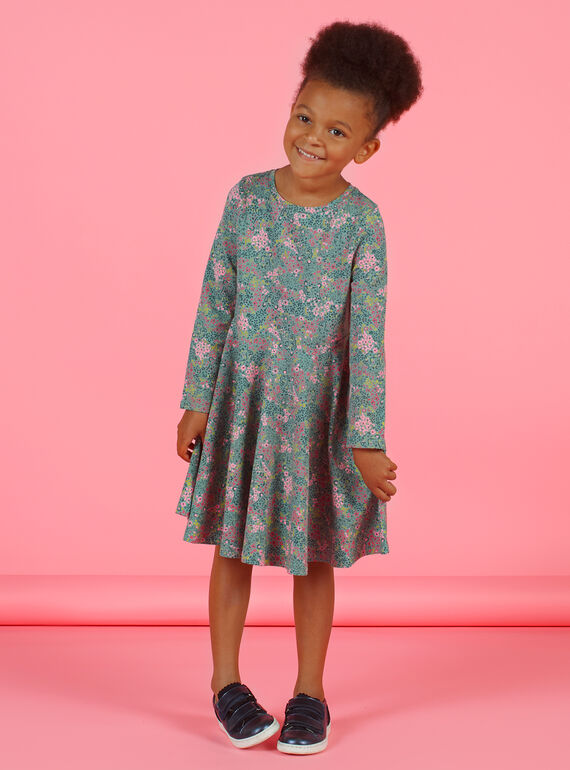 Robe kaki et rose imprimé fleuri enfant fille MAKAROB5 / 21W901I2ROB612
