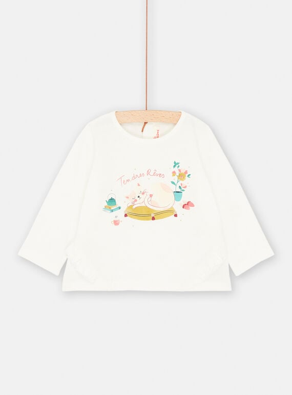 T-shirt écru à motif chat endormi pour bébé fille SIDUTEE / 23WG09P1TML001