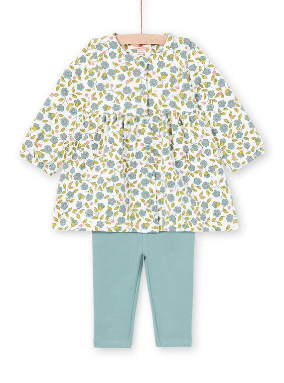 Ensemble robe imprimé fleuri et legging écru et vert d'eau bébé fille MIKAENS / 21WG09I1ENS001