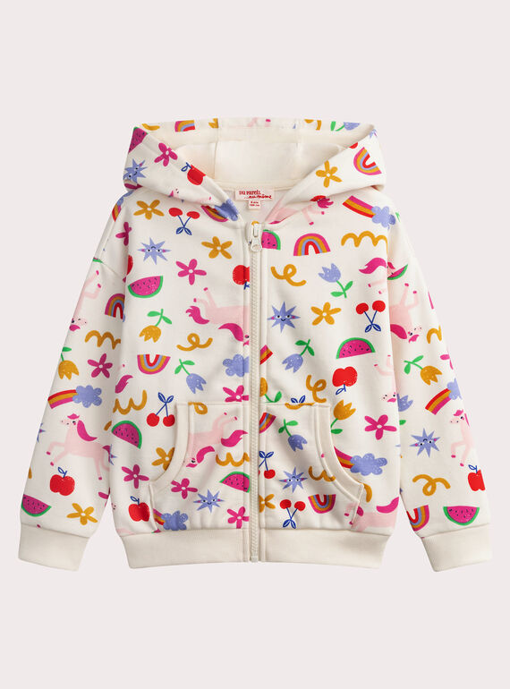 Sweat zippé à capuche écru imprimé multicolore WAJOHOJOG2 / 25S901I2JGH001