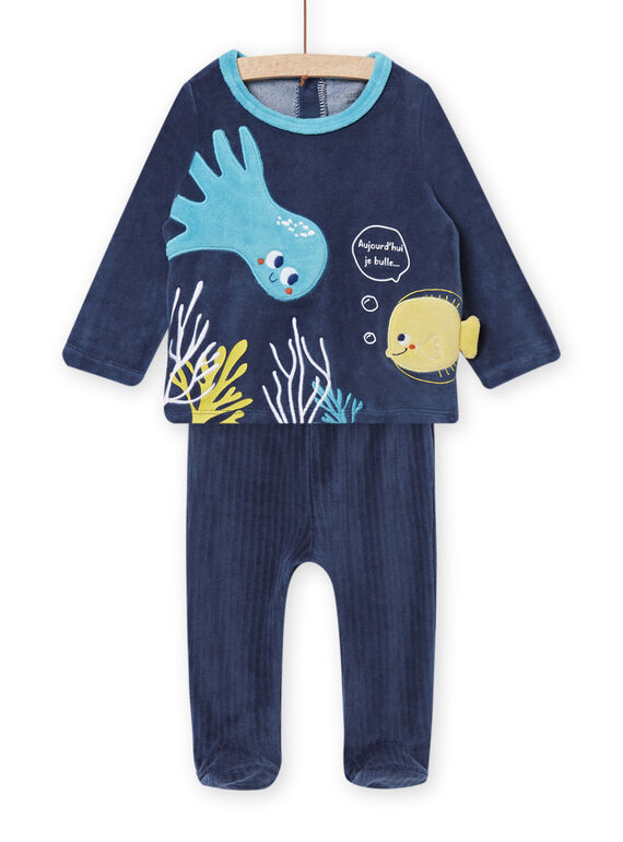 Ensemble pyjama en velours T-shirt et pantalon bleu céleste motif fonds marins bébé garçon NEGAPYJPOI / 22SH14E1PYJC204