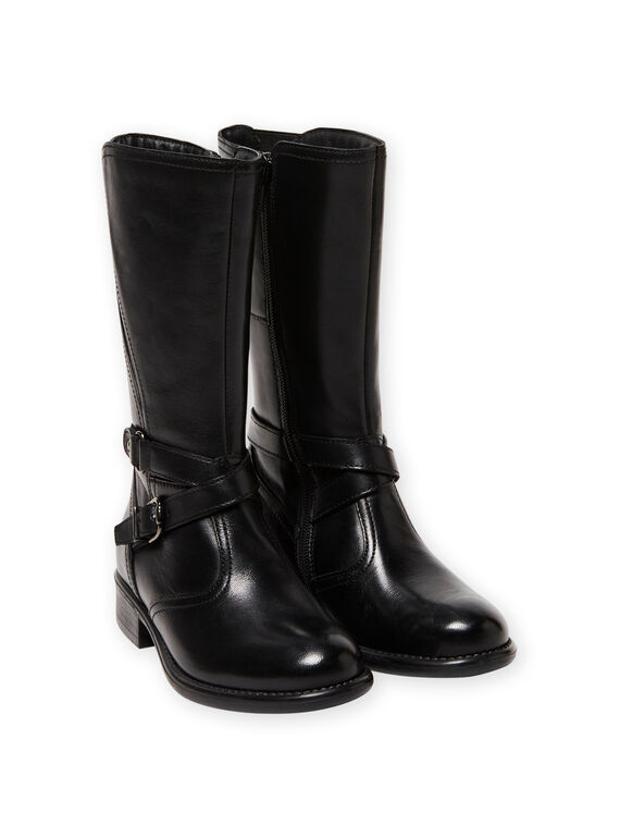 Bottes cavalières noires en cuir enfant fille MABOTTECAVA / 21XK3583D10090