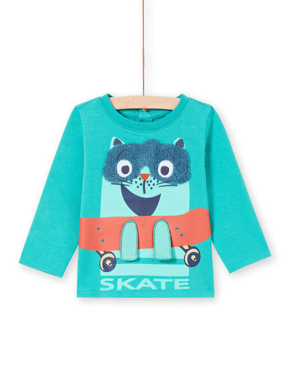T-shirt mances longues turquoise à animation chat sskateur bébé garçon MUTUTEE1 / 21WG10K2TMLC217