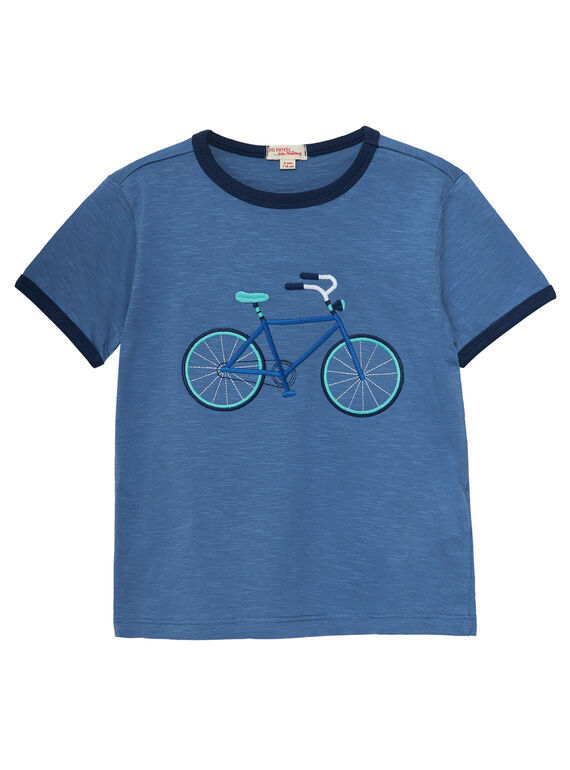 Tee shirt bleu garçon broderie vélo JOPOETI / 20S902G1TMCC237