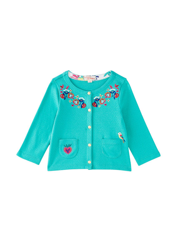 Cardigan en pointelle turquoise bébé fille JIMARCAR / 20SG09P1CAR310
