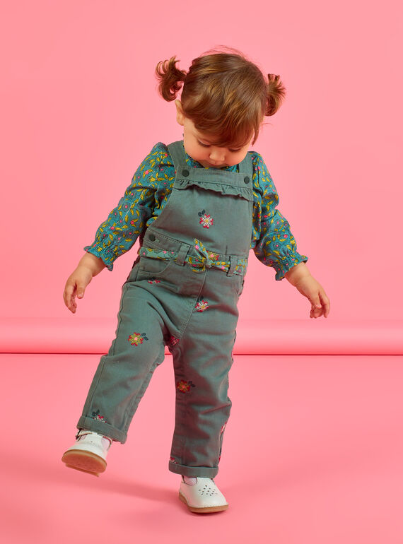 Salopette kaki à broderies fleuries bébé fille MIKASAL / 21WG09I1SAL626