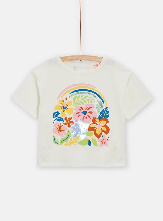 T-shirt écru animation fleur sequins magique pour fille TARYTI1 / 24S901U2TMC001