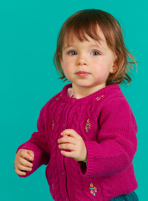 Cardigan en maille rose foncé brodé bébé fille MITUCAR1 / 21WG09K1CARD312