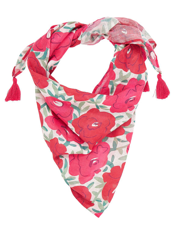 Foulard triangulaire enfant fille avec motif grosses fleurs + pompoms sur les extrémités  JYAWEFOUL / 20SI0191FOU001
