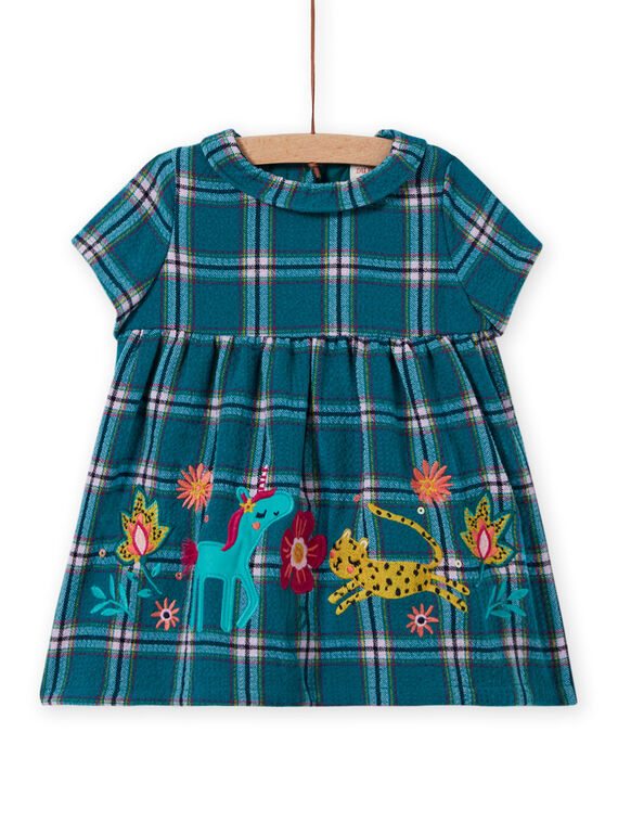Robe turquoise à carreaux et motifs fantaisie bébé fille MITUROB3 / 21WG09K1ROBC217