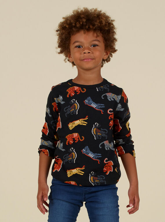 T-shirt noir manches longues imprimé tigres enfant garçon MOHITEE3 / 21W902U2TMLJ915