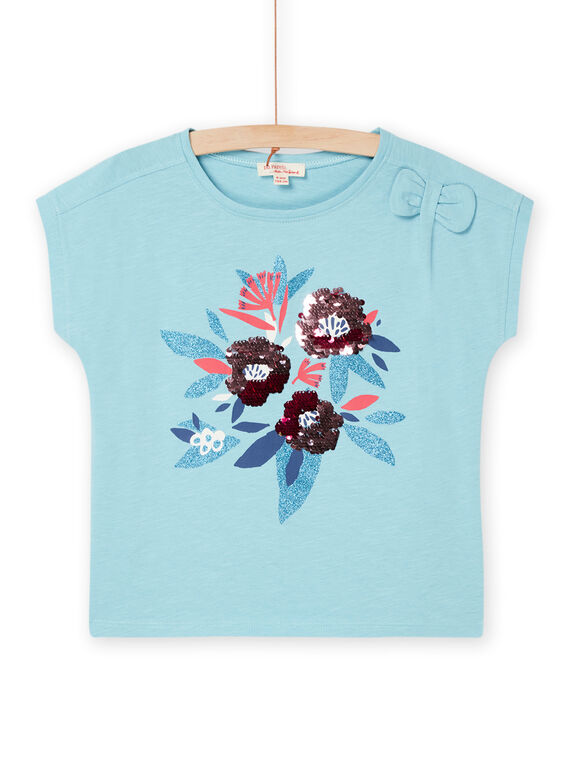 T-shirt bleu grisé à animation fleurs RABLETI / 23S90131TMC205