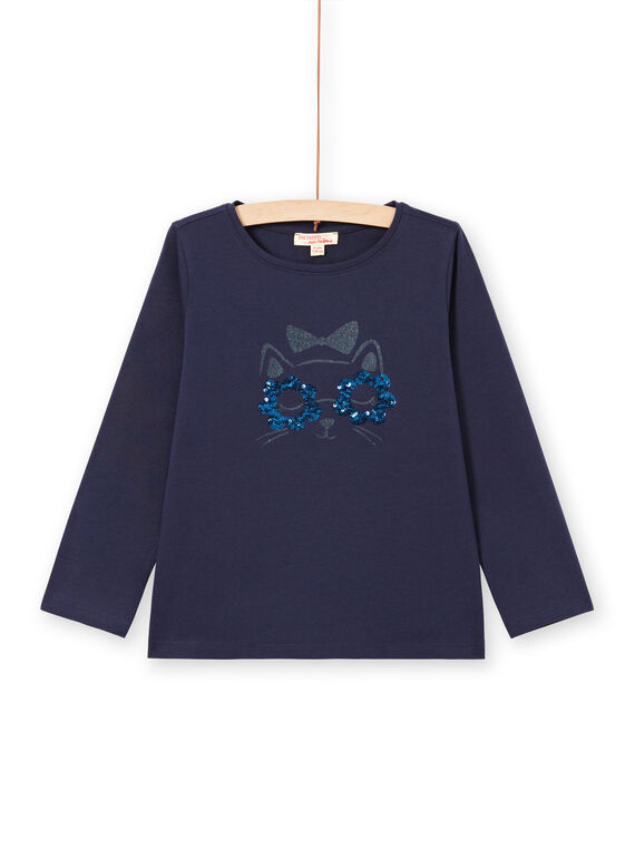 T-shirt manches longues bleu nuit motif chat enfant fille MAJOYTEE1 / 21W90113TMLC205