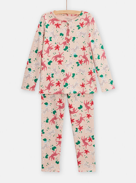 Pyjama rose en côtes imprimé panthère pour fille TEFAPYJPAN / 24SH1141PYJD329