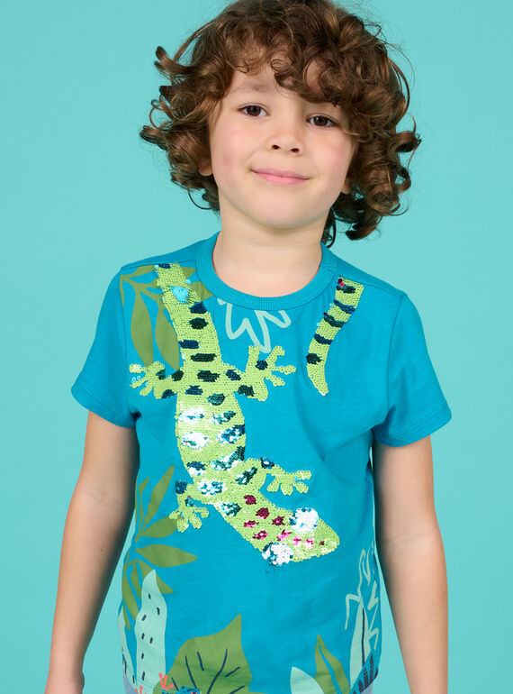 T-shirt bleu saphir et vert à sequins réversibles enfant garçon 22S902T3TMCC211
