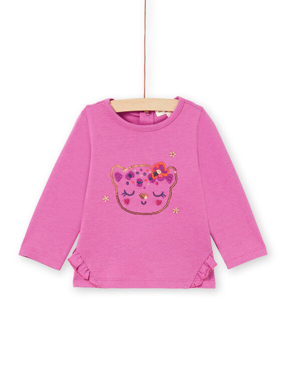 T-shirt manches longues rose à motif tête de léopard à paillettes bébé fille MIPATEE2 / 21WG09H3TMLH705