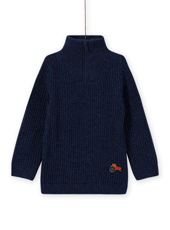 Pull col montant bleu et broderie tracteur enfant garçon MOCOPUL / 21W902L1PUL219
